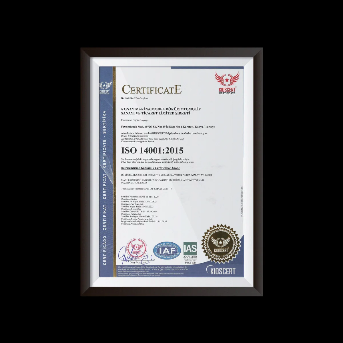 ISO 14001:2015 sertifikası